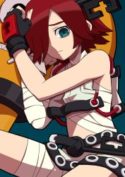 Rule 34 | 1girl, a.b.a, aka (s3637), bandaged arm, bandages, bare shoulders, black gloves, blue background, blue eyes, empty eyes, fingerless gloves, frown, gloves, guilty gear, guilty gear xx, hair over one eye, key, key in head, keyhole, object through head, paracelsus (guilty gear), red eyes, red hair, ringed eyes, short hair, simple background, solo