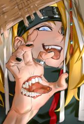 Rule 34 | bad id, bad twitter id, black headband, black nails, blonde hair, blue eyes, commentary request, deidara (naruto), eyelashes, hand mouth, hand up, headband, highres, jewelry, keki chogyegi, korean commentary, long hair, looking at viewer, male focus, nail polish, naruto (series), open mouth, ring, solo, teeth, tongue, tongue out