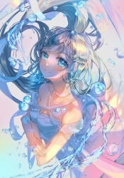 Rule 34 | 1girl, absurdres, bare shoulders, blue eyes, blue hair, blue ribbon, blush, breasts, bubble, cleavage, closed mouth, collarbone, commentary, crossed arms, curtains, dress, english commentary, gem, green nails, hair ornament, hair ribbon, hairclip, highres, indie virtual youtuber, long hair, looking at viewer, nail (vtuber), nail polish, pinapo 25, puffy short sleeves, puffy sleeves, ribbon, short sleeves, sidelocks, small breasts, smile, solo, striped nails, swept bangs, upper body, virtual youtuber, water, white dress