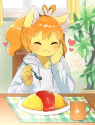 Rule 34 | 1girl, :t, ahoge, blurry, blurry background, blush, chair, closed mouth, commission, curtains, drawstring, eating, closed eyes, female focus, food, furry, furry female, hand on own cheek, hand on own face, happy, heart, heart ahoge, highres, holding, holding spoon, hood, hood down, hoodie, omelet, orange hair, original, pawpads, plant, plate, po! (popoemo), ponytail, potted plant, solo, spoon, thank you, twitter username, white hoodie, window, yellow fur