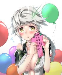 Rule 34 | 10s, 1girl, antlers, areola slip, balloon, bare shoulders, blush, braid, breasts, embarrassed, female focus, happy birthday, highres, horns, jitome, kantai collection, large breasts, long hair, looking at viewer, no bra, open clothes, shikigami, silver hair, single braid, solo, uno ryoku, unryuu (kancolle), very long hair, yellow eyes