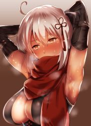 Rule 34 | 1girl, arito arayuru, armpits, arms up, blush, breasts, cleavage, dark-skinned female, dark skin, elbow gloves, fate/grand order, fate (series), gloves, hair between eyes, hair ornament, highres, koha-ace, large breasts, okita souji (fate), okita souji (koha-ace), okita souji alter (fate), okita souji alter (first ascension) (fate), presenting armpit, red scarf, scarf, solo, sweat, white hair, yellow eyes