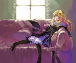 Rule 34 | 1girl, blonde hair, boots, couch, grimgrimoire, hat, lillet blan, nippon ichi, pantyhose, purple eyes, solo, witch hat, wizard hat