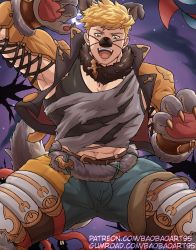 Rule 34 | 1boy, abs, absurdres, animal costume, animal ears, baobaoart, bara, belt, black tank top, blonde hair, blue pants, brown belt, clothing cutout, cropped jacket, cross-laced clothes, cross-laced cutout, cross-laced slit, cross-laced top, fangs, fangs out, fur collar, granblue fantasy, gumroad username, halloween, halloween costume, highres, jacket, large pectorals, looking at viewer, male focus, muscular, night, night sky, official alternate costume, open clothes, open jacket, open mouth, orange jacket, outdoors, pants, patreon username, pectoral cleavage, pectorals, shirt, short hair, sky, smile, solo, tail, tank top, teeth, thighs, torn clothes, torn shirt, vane (granblue fantasy), white shirt, wolf boy, wolf costume, wolf ears, wolf paws, wolf tail