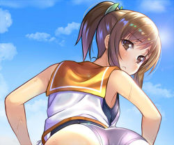 Rule 34 | 1girl, ass, brown eyes, brown hair, cloud, frown, hands on own hips, i-401 (kancolle), kantai collection, looking at viewer, looking back, orange sailor collar, paid reward available, ponytail, redrawn, paid reward available, sailor collar, shirt, short hair, sky, sleeveless, sleeveless shirt, solo, swimsuit, upper body, violetshit, wet, white shirt