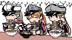 Rule 34 | 3girls, anchor, anchor hair ornament, bismarck (kancolle), blonde hair, blush, blush stickers, bowl, breasts, capelet, chopsticks, closed eyes, detached sleeves, eating, food, graf zeppelin (kancolle), hair ornament, hat, holding, holding chopsticks, kantai collection, long hair, long sleeves, multiple girls, noodles, peaked cap, prinz eugen (kancolle), simple background, terrajin, twintails, white background