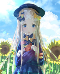 Rule 34 | 1girl, abigail williams (fate), black bow, black dress, black hat, blonde hair, blue eyes, blue sky, blush, bow, crossed bandaids, day, dress, fate/grand order, fate (series), field, flower, flower field, forehead, hair bow, hat, highres, holding, holding stuffed toy, hugging object, long hair, long sleeves, looking at viewer, open mouth, orange bow, parted bangs, polka dot, polka dot bow, sakazakinchan, sky, sleeves past fingers, sleeves past wrists, solo, stuffed animal, stuffed toy, sunflower, sunflower field, sunlight, teddy bear