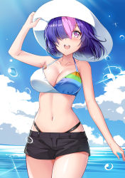 Rule 34 | 1girl, :d, arm up, bare arms, bare shoulders, benchen06, bikini, bikini under clothes, black shorts, blue hair, blush, breasts, cleavage, collarbone, commentary request, cowboy shot, hair over one eye, hand on headwear, hat, highres, looking at viewer, medium breasts, multicolored bikini, multicolored clothes, multicolored hair, navel, open mouth, original, pink hair, purple eyes, round teeth, short hair, short shorts, shorts, smile, solo, sparkle, stomach, sun hat, swimsuit, teeth, two-tone hair, upper teeth only, water, water drop, white hat