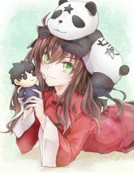 Rule 34 | 1girl, animal, animal on head, arima miyako, brown hair, closed mouth, doll, dress, green background, green eyes, haruto (haru re26), highres, holding, holding doll, long hair, long sleeves, looking at viewer, lying, melty blood, on head, on stomach, panda, red dress, smile, tohno shiki, tsukihime