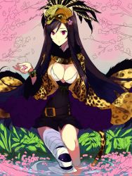 Rule 34 | 1girl, animal print, bad id, bad twitter id, bandages, belt, bow, breasts, buckle, cleavage, flower, hair flower, hair ornament, headdress, highres, kagetomo midori, leopard print, long hair, medium breasts, partially submerged, petals, purple hair, red eyes, sitting, solo, tail, very long hair