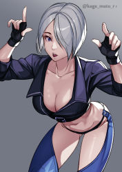 Rule 34 | 1girl, absurdres, angel (kof), blue eyes, bra, breasts, chaps, cropped jacket, horns pose, fingerless gloves, gloves, hair over one eye, highres, horns pose, index fingers raised, jacket, kagematsuri, large breasts, leather, leather jacket, looking at viewer, open mouth, snk, solo, strapless, strapless bra, the king of fighters, the king of fighters xiv, toned, underwear, white hair