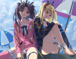 Rule 34 | 2girls, ankle ribbon, beach umbrella, black hair, black ribbon, blonde hair, blue jacket, blue sky, blue thighhighs, breasts, cleavage, cloud, collarbone, confetti, crown, earrings, ereshkigal (fate), fate/grand order, fate (series), feet, fur trim, hair ribbon, hood, hoodie, hoop earrings, ishtar (fate), ishtar (swimsuit rider) (fate), jacket, jewelry, knees up, leg ribbon, legs, long hair, looking at viewer, multiple girls, open mouth, parted bangs, pink jacket, pink legwear, red eyes, red ribbon, ribbon, single thighhigh, sitting, sky, smile, sunlight, thigh strap, thighhighs, thighs, tohsaka rin, two side up, umbrella, white ribbon, yahako