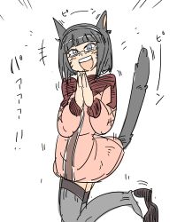 Rule 34 | 10s, 1girl, :d, animal ears, black hair, blue eyes, blunt bangs, blush, bob cut, cat ears, cat girl, cat tail, dress, facial mark, final fantasy, final fantasy xiv, from side, glasses, grey eyes, grey thighhighs, hairband, hamoya, hands up, happy, leg lift, leg up, long sleeves, lowres, miqo&#039;te, motion lines, nashu mhakaracca, open mouth, own hands together, pink dress, rimless eyewear, short dress, short hair, simple background, sketch, smile, solo, tail, tail raised, thighhighs, turtleneck, twisted torso, whisker markings, white background, zettai ryouiki