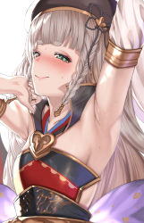 Rule 34 | 1girl, aldehyde, arm up, armpit focus, armpits, bare shoulders, beret, black hat, blunt bangs, blush, braid, breasts, closed mouth, commentary request, detached sleeves, erune, eyeliner, granblue fantasy, green eyes, grey hair, hand up, hat, heterochromia, highres, long hair, looking at viewer, makeup, multiple braids, pholia, quad braids, short eyebrows, side braids, small breasts, smile, solo, thick eyebrows, upper body