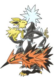Rule 34 | 05 (oh five), 3others, bird, cable, claws, creatures (company), full body, galarian form, galarian zapdos, game freak, gen 1 pokemon, gen 7 pokemon, gen 8 pokemon, jolteon, legendary pokemon, multiple others, nintendo, no humans, pokemon, pokemon (creature), simple background, smile, spiked hair, spikes, standing, ultra beast, wire, xurkitree