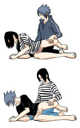 Rule 34 | 2boys, age difference, anal, barefoot, black hair, censored, clothed sex, comic, family, incest, male focus, male penetrated, multiple boys, naruto, naruto (series), penis, sex, siblings, simple background, uchiha itachi, uchiha sasuke, white background, yaoi