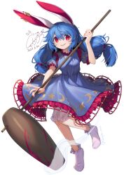 Rule 34 | 1girl, animal ears, bloomers, blue dress, blue hair, blush, crescent print, dress, earclip, fingernails, frilled dress, frilled sleeves, frills, gunjou row, hair between eyes, highres, kine, long hair, looking at viewer, mallet, nail polish, open mouth, rabbit ears, red eyes, red nails, seiran (touhou), short sleeves, signature, smile, socks, solo, star (symbol), star print, touhou, twitter username, underwear, unfinished dream of all living ghost, white bloomers, white socks