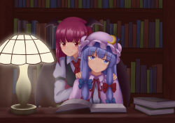 Rule 34 | 2girls, :/, absurdres, armband, bat wings, black armband, black vest, blue bow, blush, book, book stack, bookshelf, bow, capelet, collared shirt, commentary request, crescent, crescent hat ornament, desk, dress, dress shirt, expressionless, hair ribbon, hands on another&#039;s shoulders, hat, hat bow, hat ornament, head tilt, head wings, highres, hime cut, juliet sleeves, koakuma, lamp, library, long hair, long sleeves, looking at viewer, mob cap, multiple girls, necktie, open book, patchouli knowledge, piaoluo de ying huaban, puffy sleeves, purple capelet, purple eyes, purple hair, purple headwear, red bow, red eyes, red hair, red necktie, ribbon, shirt, sidelocks, smile, striped clothes, striped dress, touhou, tress ribbon, upper body, vertical-striped clothes, vertical-striped dress, vest, white shirt, wings