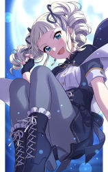 Rule 34 | 1girl, :d, absurdres, aikatsu!, aikatsu! (series), ankle boots, black cape, black dress, black ribbon, blue eyes, blurry, bokeh, boots, cape, cross-laced footwear, depth of field, dress, drill hair, earrings, fang, fingerless gloves, gloves, grey pantyhose, hair ribbon, high heel boots, high heels, highres, jewelry, light particles, looking at viewer, open mouth, pantyhose, ribbon, sekina, short sleeves, smile, solo, todo yurika, twin drills, underbust