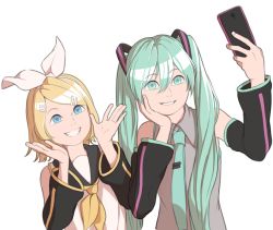 Rule 34 | 2girls, aqua eyes, aqua hair, aqua necktie, ascot, blonde hair, blue eyes, bow, camera phone, cellphone, collared shirt, detached sleeves, hair between eyes, hair bow, hair ornament, hairband, hairclip, hand on own cheek, hand on own face, hands up, hatsune miku, height difference, holding, holding phone, kagamine rin, long hair, mefomefo, multiple girls, necktie, phone, sailor collar, selfie, shirt, short hair, simple background, sleeveless, smile, twintails, upper body, vocaloid, white background, white bow, yellow neckwear
