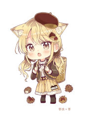 Rule 34 | 1girl, absurdres, animal, animal ear fluff, animal ears, basket, beret, black footwear, black hat, black jacket, black pantyhose, blonde hair, blush, brown shorts, chestnut, chestnut mouth, chibi, full body, hair ornament, hat, hedgehog, highres, jacket, long hair, low twintails, open clothes, open jacket, open mouth, original, pantyhose, ribbed sweater, sakura oriko, shoes, shorts, simple background, solo, standing, sweater, tilted headwear, translated, turtleneck, turtleneck sweater, twintails, very long hair, white background, white sweater