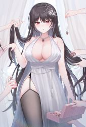 Rule 34 | 1girl, applying manicure, azur lane, backless dress, backless outfit, black garter straps, black hair, black thighhighs, bottle, box, breasts, brushing hair, center opening, cleavage, cocktail dress, comb, disembodied limb, dress, earrings, evening gown, garter straps, hair ornament, hair strand, holding, holding bottle, holding box, holding comb, jewelry, large breasts, long hair, looking at viewer, merumeko, nail polish, necklace, official alternate costume, open box, painting nails, perfume bottle, pink nails, plunging neckline, red eyes, satin dress, sleeveless, sleeveless dress, standing, taihou (azur lane), taihou (temptation on the sea breeze) (azur lane), thighhighs, very long hair, wedding dress, white dress