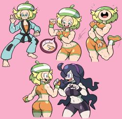 Rule 34 | 10s, 2girls, @ @, ahoge, alternate breast size, ass, bad id, bad pixiv id, bianca (pokemon), blonde hair, cosplay, creatures (company), flexing, game freak, gen 5 pokemon, green eyes, hairband, hat, hex maniac (pokemon), highres, huge ass, long hair, making-of available, messy hair, multiple girls, muscular, navel, nintendo, npc trainer, pokemon, pokemon bw, pokemon xy, purple eyes, purple hair, sawk, sawk (cosplay), shenanimation, short hair, simple background, wide hips