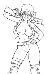 Rule 34 | 1girl, absurdres, baseball cap, belt, blush, breasts, cheesestyx, cleft of venus, commentary, english commentary, fio germi, glasses, gloves, greyscale, gun, hand on own hip, hat, highres, jacket, knee pads, large breasts, metal slug, monochrome, naked belt, naked jacket, navel, nipples, nude, ponytail, pussy, smile, solo, unfinished, weapon