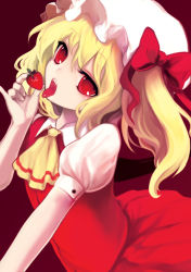 Rule 34 | 1girl, bad id, bad pixiv id, blonde hair, bow, embodiment of scarlet devil, fang, female focus, flandre scarlet, food, fruit, hair bow, hat, holding, holding food, holding fruit, itou life, red eyes, side ponytail, solo, strawberry, tongue, touhou