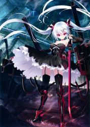 Rule 34 | 1girl, absurdres, black dress, black gloves, black thighhighs, blue hair, boots, breasts, building, choker, cleavage, dress, female focus, full body, garter straps, gloves, hair ornament, hairclip, hairpin, hayakawa harui, highres, large breasts, long hair, night, non-web source, original, outdoors, red eyes, ribbon-trimmed clothes, ribbon trim, sky, skyscraper, solo, sword, thighhighs, twintails, weapon, x hair ornament