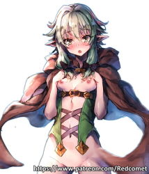Rule 34 | 10s, 1girl, blush, bottomless, breasts, censored, cloak, elf, goblin slayer!, high elf archer (goblin slayer!), hood, hooded cloak, looking at viewer, navel, nipples, patreon username, pointy ears, redcomet, silver hair, simple background, small breasts, solo, watermark, web address, white background