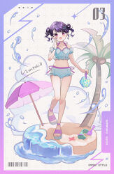 Rule 34 | 1girl, alternate hairstyle, bag, barcode, bare shoulders, beach, bikini, black hair, blue bikini, blush, breasts, bucket, character name, cloud, collarbone, crab, dot nose, flower, fukumaru koito, full body, hair ornament, hair rings, hairclip, hand up, highres, holding, holding bag, idolmaster, idolmaster shiny colors, leg up, looking at viewer, navel, ocean, open mouth, palm tree, parasol, purple eyes, purple flower, purple trim, sandals, short hair, small breasts, solo, splashing, standing, standing on one leg, swimsuit, toenails, toes, tree, trowel, twintails, umbrella, umeume (totoya), water, white background