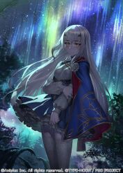 Rule 34 | 1girl, aurora, blue cape, blue dress, blush, breasts, cape, dress, fate/grand order, fate (series), forked eyebrows, long hair, long sleeves, looking at viewer, melusine (fate), melusine (second ascension) (fate), night, night sky, peperon (peperou), sidelocks, sky, small breasts, solo, star (sky), starry sky, thighhighs, thighs, white hair, yellow eyes