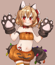 Rule 34 | &gt;:), 1girl, amonitto, animal ears, animal hands, bandeau, bare shoulders, blonde hair, blush, bow, candy, cat ears, cat paws, claws, collar, fang, fang out, flandre scarlet, food, gloves, hair bow, halloween, halloween costume, jack-o&#039;-lantern, lollipop, looking at viewer, midriff, navel, paw gloves, pumpkin shorts, red eyes, ribbon-trimmed underwear, ribbon trim, side ponytail, smile, solo, strapless, striped clothes, striped thighhighs, tail, thighhighs, touhou, tube top, underwear, v-shaped eyebrows, wolf ears, wolf tail