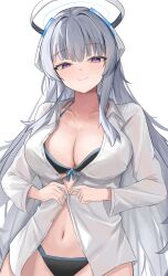 Rule 34 | 1girl, absurdres, bikini, bikini under clothes, black bikini, blue archive, blush, breasts, cleavage, closed mouth, collarbone, grey hair, halo, highres, hoangryu, large breasts, long hair, long sleeves, looking at viewer, mechanical halo, navel, noa (blue archive), purple eyes, shirt, smile, solo, swimsuit, very long hair, white background, white hair, white shirt