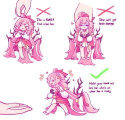 Rule 34 | &gt; &lt;, &gt;o&lt;, 1girl, absurdres, aya chan1221, bare shoulders, bell, braid, breasts, checkmark, chibi, detached sleeves, disembodied limb, dress, elf, elysia (herrscher of human:ego) (honkai impact), elysia (honkai impact), english text, hair bell, hair ornament, highres, honkai (series), honkai impact 3rd, how to hold x (meme), large breasts, long hair, looking at viewer, low twintails, meme, mini person, minigirl, official alternate costume, pink dress, pink hair, pointy ears, side braid, smile, twintails, very long hair, white footwear, white sleeves, x