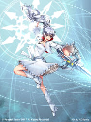 Rule 34 | 1girl, adsouto, artist name, blue eyes, boots, cropped jacket, dress, earrings, high collar, high heel boots, high heels, highres, holding, holding sword, holding weapon, jewelry, lace, lace-trimmed skirt, lace trim, long hair, long sleeves, looking at viewer, magic circle, myrtenaster, necklace, open mouth, pendant, perspective, petticoat, ponytail, rapier, rwby, scar, scar across eye, scar on face, side ponytail, skirt, solo, strapless, strapless dress, sword, tiara, watermark, weapon, weiss schnee, white dress, white footwear, white hair, wide sleeves