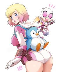 Rule 34 | 1girl, animification, ass, belt, blonde hair, blue eyes, bowieknife, breasts, chibi, gradient hair, gwenpool, highres, holding, hood, katana, leotard, looking at viewer, marvel, mask, multicolored hair, open mouth, pink hair, pink leotard, pouch, short hair, simple background, smile, solo, superhero costume, sword, two-tone hair, weapon