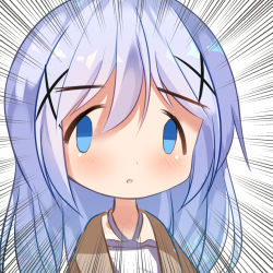 Rule 34 | 1girl, bad id, bad pixiv id, blue eyes, blue hair, blush, brown jacket, chinomaron, dress, emphasis lines, face of the people who sank all their money into the fx (meme), gochuumon wa usagi desu ka?, hair between eyes, hair ornament, halterneck, jacket, kafuu chino, long hair, looking at viewer, meme, parted lips, simple background, solo, white background, white dress, x hair ornament