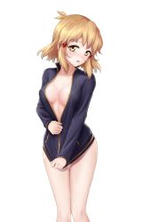 Rule 34 | 1girl, aliasing, areolae, black jacket, blonde hair, blush, bottomless, breasts, cleavage, collarbone, embarrassed, hair ornament, hairclip, highres, jacket, lacetear blazer, long hair, long sleeves, medium breasts, naked jacket, naked track jacket, open clothes, open jacket, open mouth, partially unzipped, senki zesshou symphogear, shiny, shiny hair, simple background, solo, standing, tachibana hibiki (symphogear), thigh gap, track jacket, white background, yellow eyes