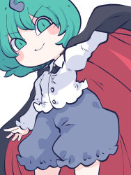 Rule 34 | 1girl, antennae, black cape, blue shorts, cape, chahan (fried rice0614), closed mouth, collared shirt, green eyes, green hair, highres, looking at viewer, one-hour drawing challenge, shirt, short hair, shorts, simple background, smile, solo, touhou, white background, white shirt, wriggle nightbug