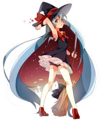 Rule 34 | 1girl, :o, absurdly long hair, aqua eyes, aqua hair, arm up, armpits, bike shorts, blue eyes, blue hair, bow, broom, dress, earrings, full body, hat, hat ribbon, hatsune miku, high heels, highres, holding, hoop earrings, jewelry, long hair, looking at viewer, looking back, open mouth, ribbon, shoes, simple background, solo, star (symbol), thighhighs, twintails, u35, very long hair, vocaloid, white background, white thighhighs, witch, witch hat