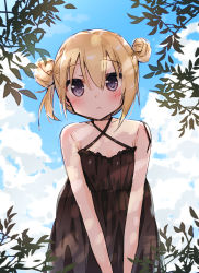 Rule 34 | 1girl, bare arms, bare shoulders, black dress, blonde hair, blue eyes, blue sky, cloud, cloudy sky, commentary request, criss-cross halter, day, double bun, dress, hair between eyes, hair bun, halterneck, head tilt, looking at viewer, original, outdoors, sky, sleeveless, sleeveless dress, solo, tia-chan, uchuuneko, v arms
