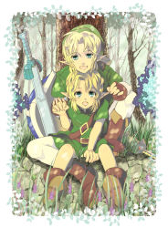 Rule 34 | 2boys, blonde hair, blue eyes, dual persona, gloves, hat, highres, hylian shield, link, male focus, multiple boys, nature, nintendo, pointy ears, shield, smile, super smash bros., sword, the legend of zelda, the legend of zelda: ocarina of time, weapon, young link