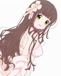 Rule 34 | 1girl, bare shoulders, blush, bow, bra, breasts, brown hair, commentary request, dutch angle, flower, from behind, gochuumon wa usagi desu ka?, green eyes, grey background, hair bow, hair flower, hair ornament, highres, hiroki (yyqw7151), long hair, looking at viewer, looking back, medium breasts, parted lips, pink bow, shirt, simple background, solo, ujimatsu chiya, underwear, undressing, upper body, very long hair, white bra, white flower, white shirt