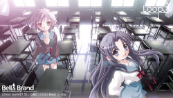 Rule 34 | 00s, 2girls, :d, arms behind back, asakura ryouko, blue eyes, blue skirt, book, bow, bowtie, cardigan, chair, classroom, curtains, desk, eyebrows, from above, half updo, holding, holding book, indoors, izumi bell, long hair, long sleeves, looking at viewer, multiple girls, nagato yuki, open book, open cardigan, open clothes, open mouth, parted bangs, purple hair, red bow, red bowtie, red ribbon, ribbon, school, school desk, school uniform, serafuku, shade, shirt, short hair, skirt, smile, standing, suzumiya haruhi no yuuutsu, text focus, white shirt, wind, window, yellow eyes