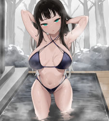 Rule 34 | 1girl, :o, alternate breast size, armpits, arms behind head, bikini, black hair, blunt bangs, blush, breasts, collarbone, gluteal fold, groin, highleg, highleg bikini, highres, kurosawa dia, large breasts, long hair, looking at viewer, love live!, love live! sunshine!!, mole, mole under mouth, navel, onsen, open mouth, outdoors, solo, standing, steam, straight hair, swimsuit, tem10, very long hair, wading, water, wet