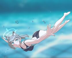 Rule 34 | 1girl, :t, absurdres, adjusting hair, air bubble, animal ear fluff, animal ears, ass, barefoot, black one-piece swimsuit, blue archive, blue eyes, breasts, bubble, competition swimsuit, grey hair, highres, looking at viewer, medium breasts, one-piece swimsuit, shiroko (blue archive), shiroko (swimsuit) (blue archive), solo, submerged, swimming, swimsuit, underwater