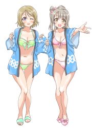 Rule 34 | 10s, 2girls, :d, ;d, bikini, bow, breasts, brown eyes, brown hair, cleavage, collarbone, full body, green bikini, grey hair, hair bow, haori, japanese clothes, koizumi hanayo, long hair, looking at viewer, love live!, love live! school idol project, medium breasts, minami kotori, multiple girls, navel, one eye closed, open mouth, outstretched arm, pink bikini, pink bow, purple eyes, short hair, side ponytail, simple background, smile, standing, swimsuit, tetopetesone, thigh strap, white background