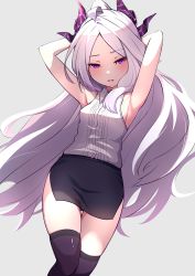 Rule 34 | 1girl, ahoge, armpits, arms behind head, arms up, black skirt, black thighhighs, blouse, blue archive, breasts, forehead, grey background, highres, hina (blue archive), horns, long hair, miniskirt, open mouth, purple eyes, shirt, shishikai, side slit, silver hair, simple background, skirt, sleeveless, sleeveless shirt, slit pupils, small breasts, solo, thigh gap, thighhighs, thighs, very long hair, white shirt